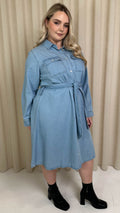 CurveWow Denim Belted Oversized Shirt Dress Mid Blue Wash
