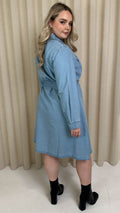 CurveWow Denim Belted Oversized Shirt Dress Mid Blue Wash