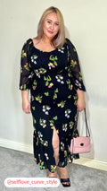 CurveWow Floral Milkmaid Dress Black Multi